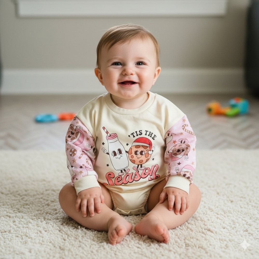 Baby Girl Retro Christmas 'Tis The Season Milk & Cookies Graphic Romper Bodysuit